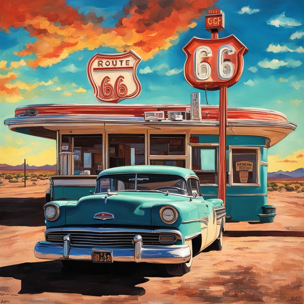Route 66 Diner in Naive Art Style