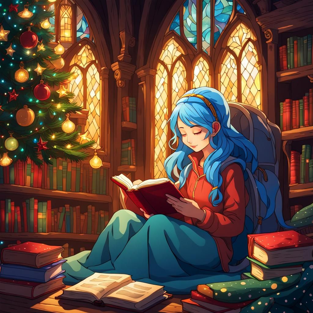 Cozy Christmas Campsite in Magical Library: Ghibli Style