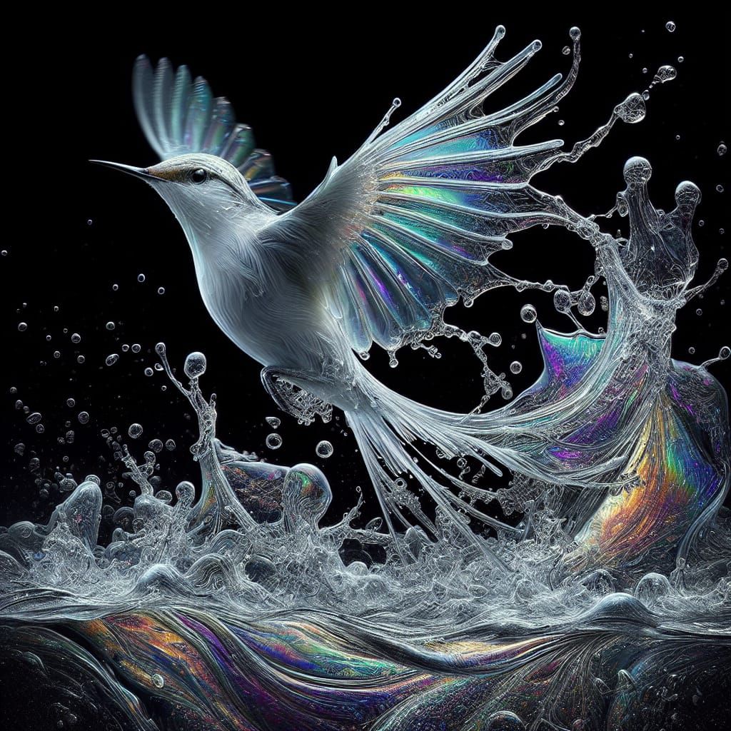 Translucent Water Bird in Flight: A Hyperrealistic Painting