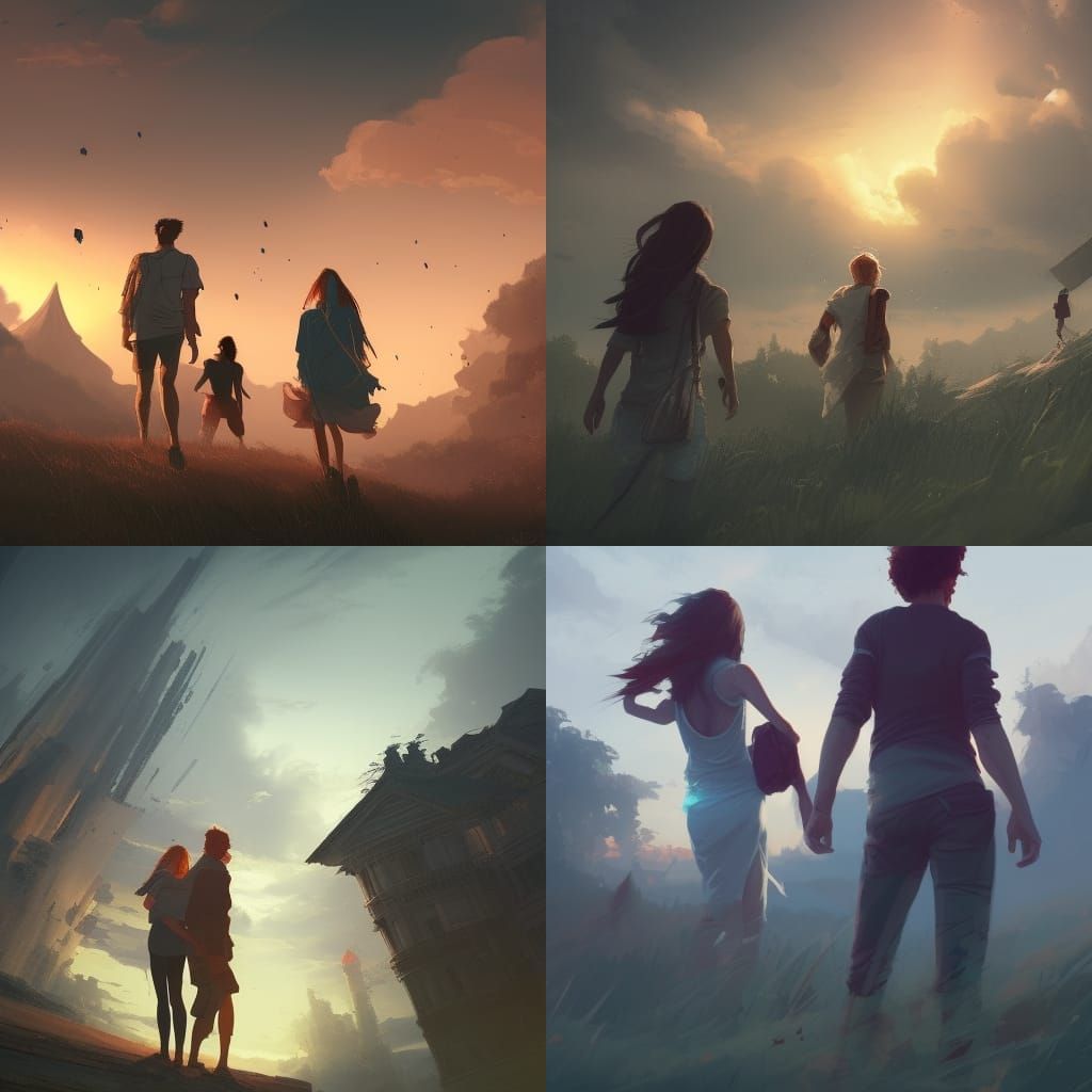 Couple Explores Ruins at Dusk in Digital Painting