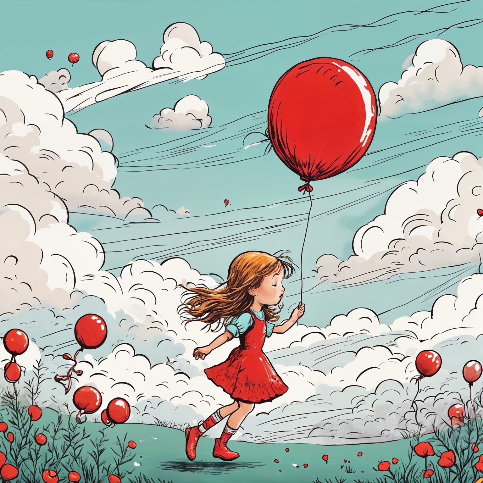 Girl with Red Balloon in Dr. Seuss Style