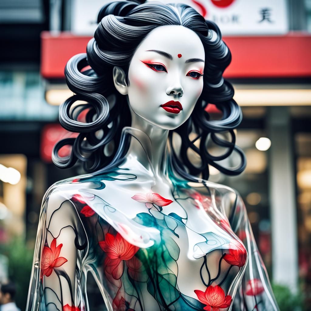 Futuristic Geisha Mannequin in Botanical Ink Drawing