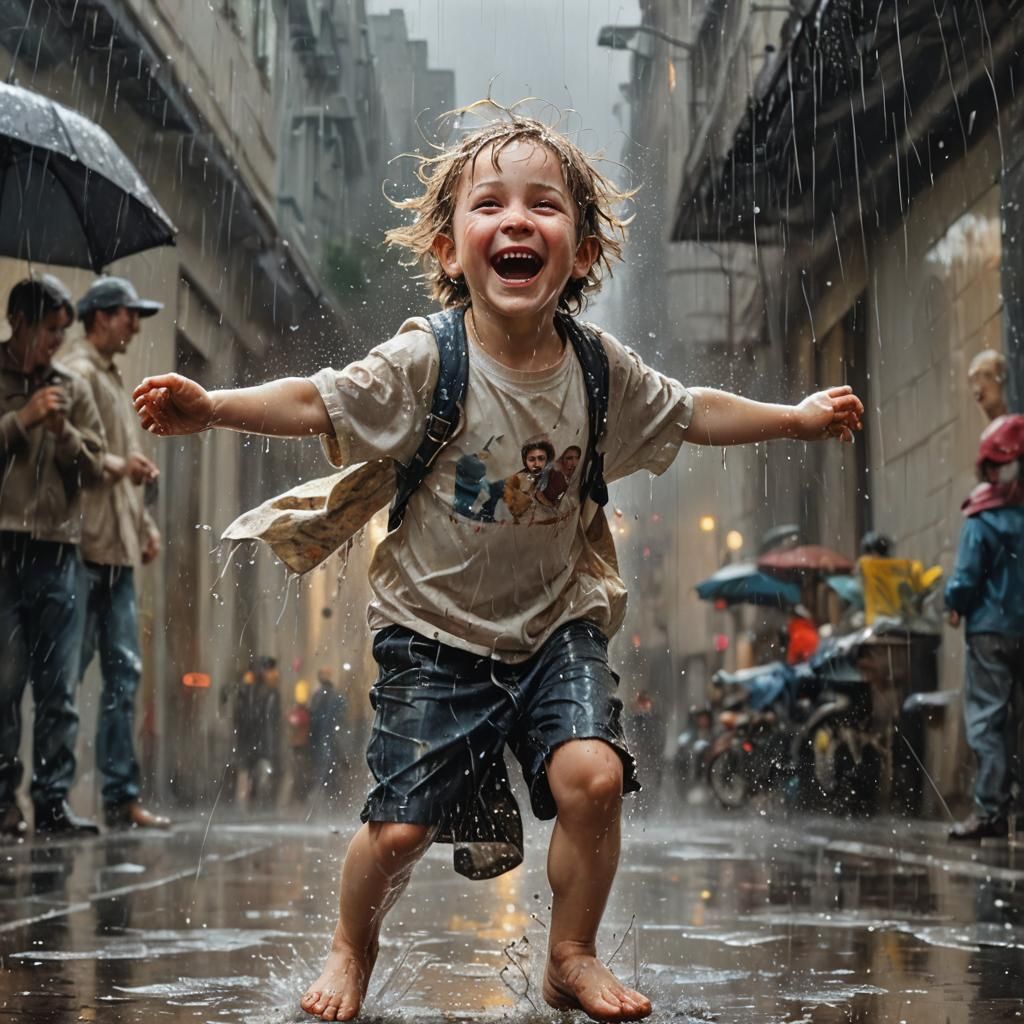 Happy Child in Rain, Hyperrealistic Fine Art