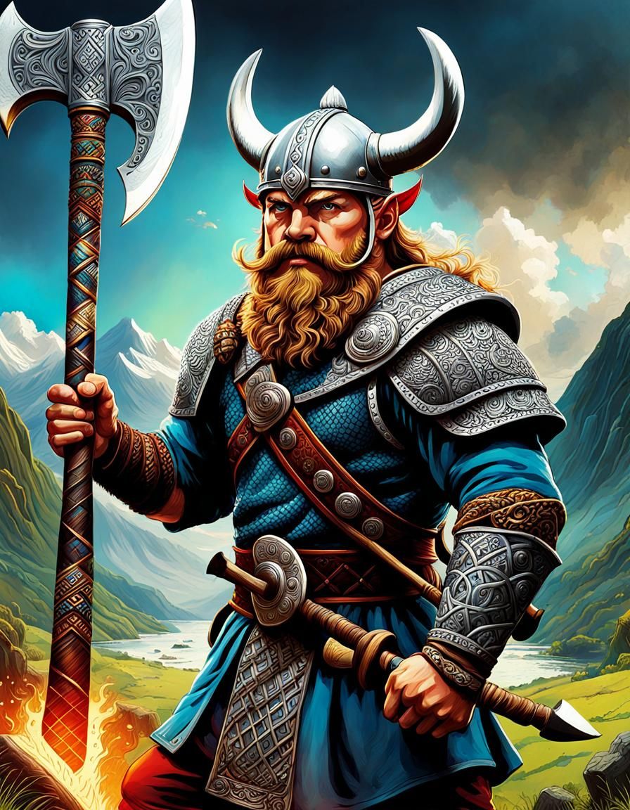 Viking Warrior with Axe in Zentangle Style