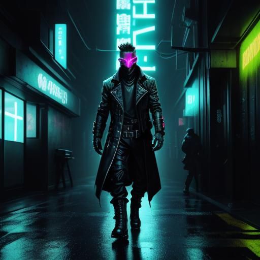 Neon Noir Mercenary in Cyberpunk Cityscape