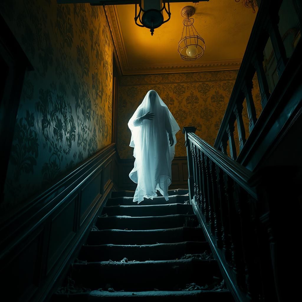 Ethereal Specter Descends Decaying Victorian Staircase
