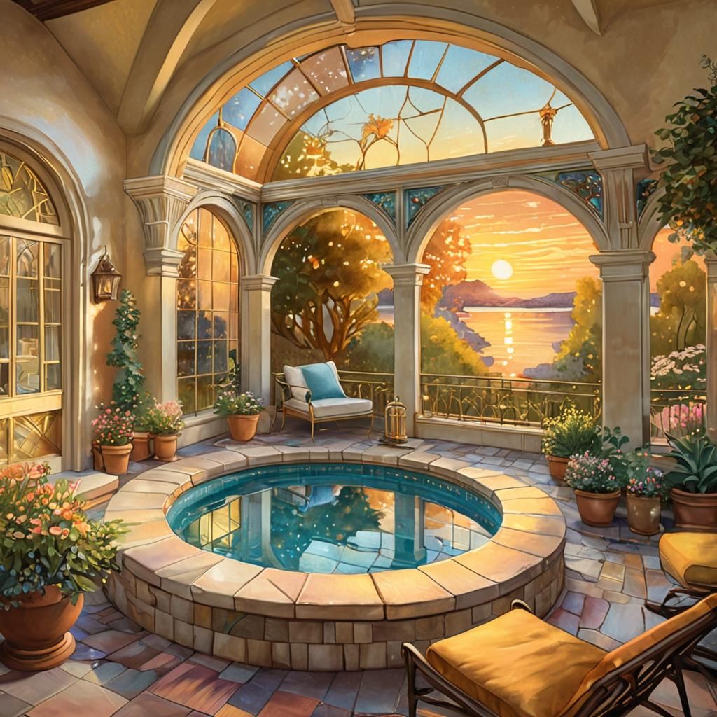 Peaceful Terrace with Pool in Shimmering Artistic Style