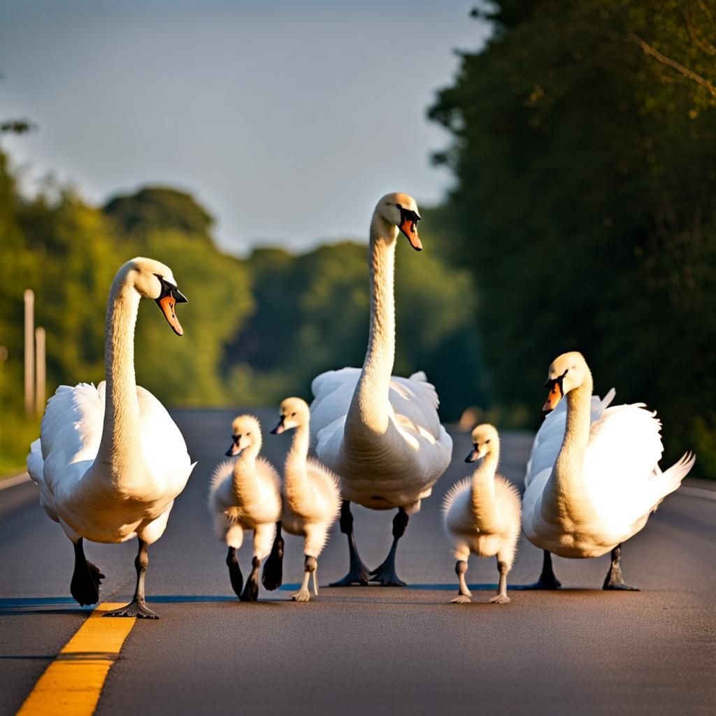 Swan Family Crossing Road Safely
