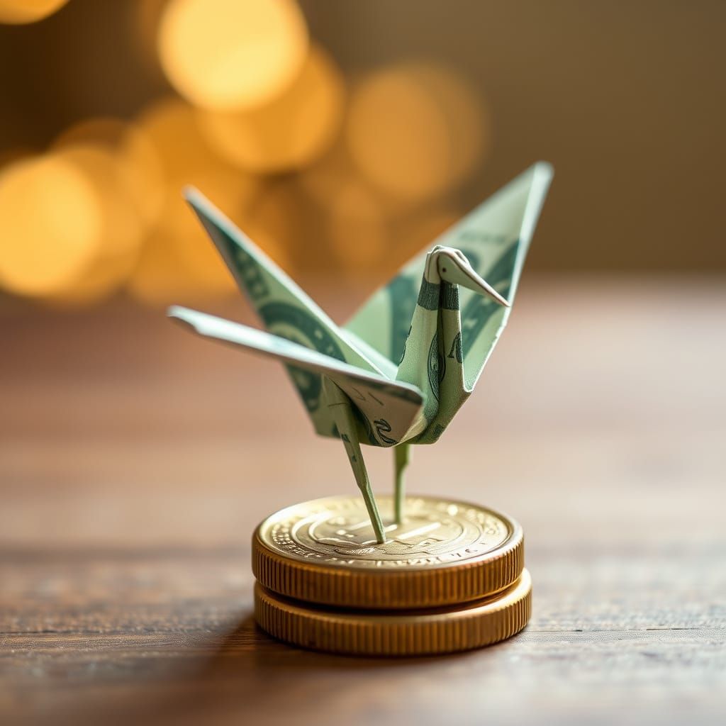 Origami Dollar Bill Crane on Gold Coin