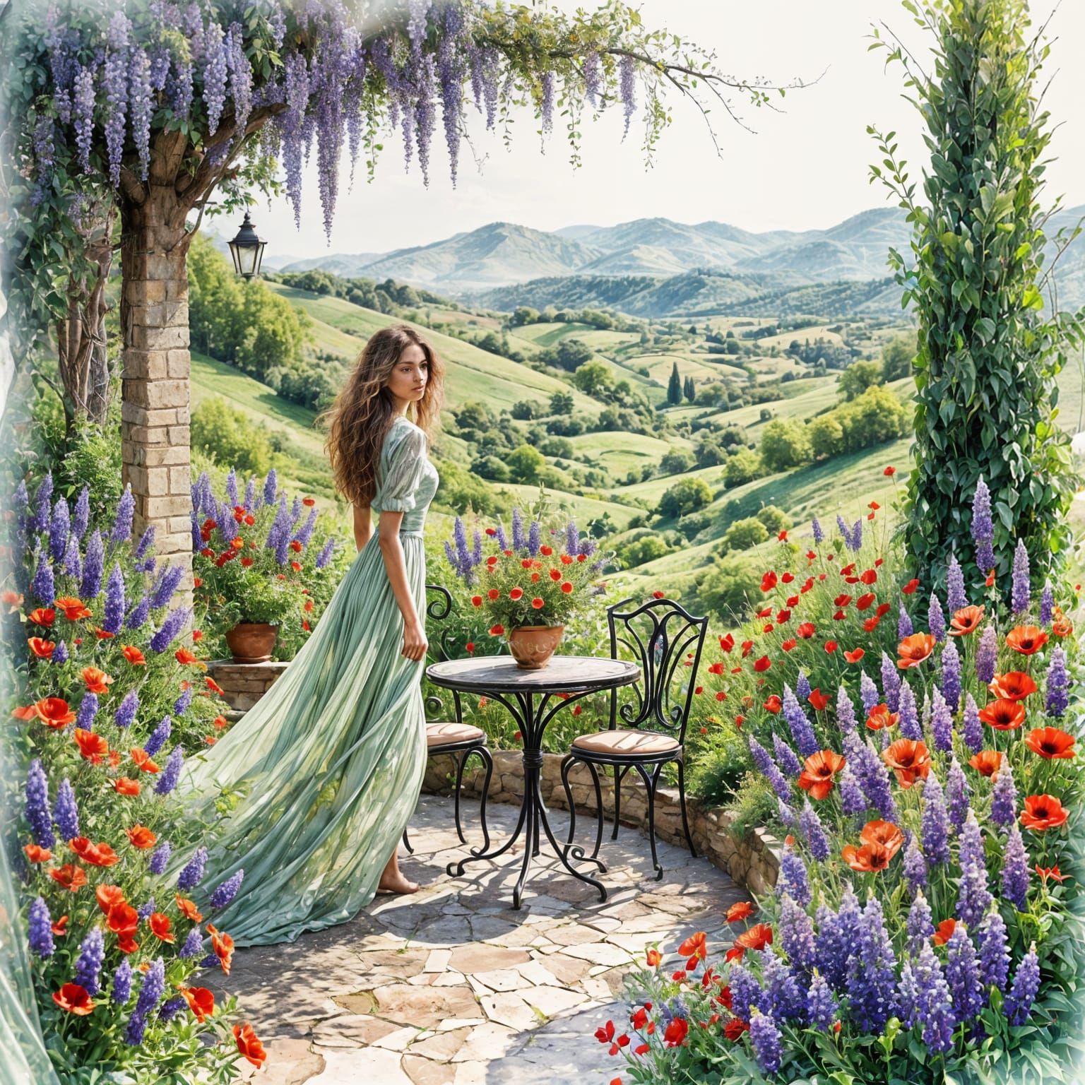 Elegant Italian Woman Surrounded by Vibrant Tuscan Garden