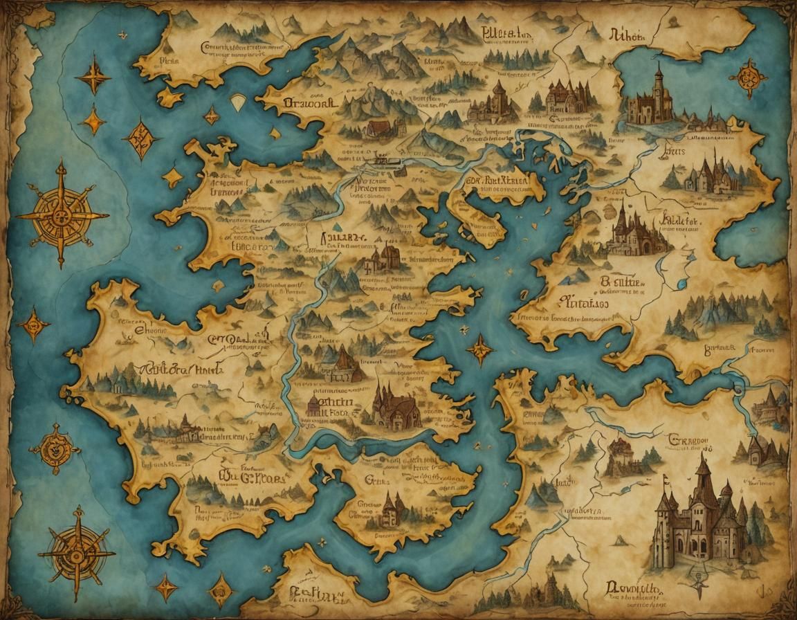 Medieval Parchment Map with Golden Glyphs