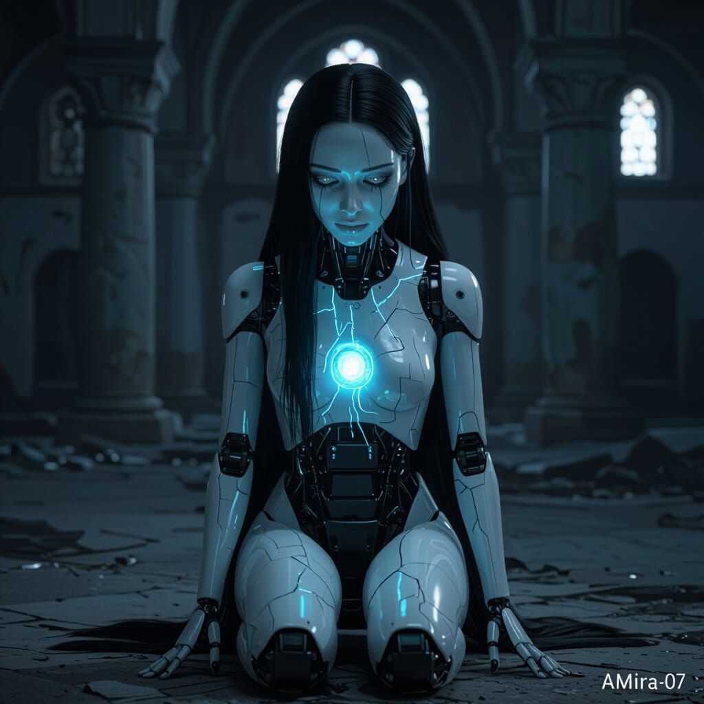 Female Android Amira-07 Kneels in Abandoned Mosque