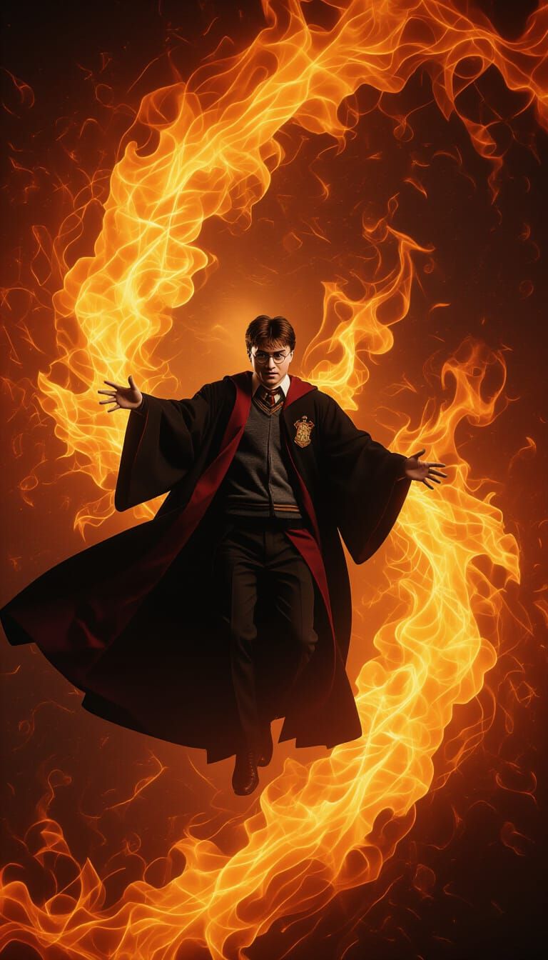 Harry Potter Amidst Fiery Flames: A Dark Fantasy Scene