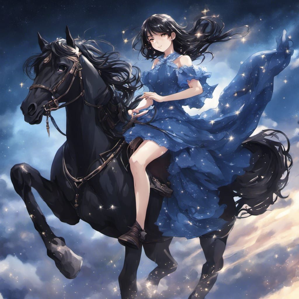Anime Girl Riding a Black Horse