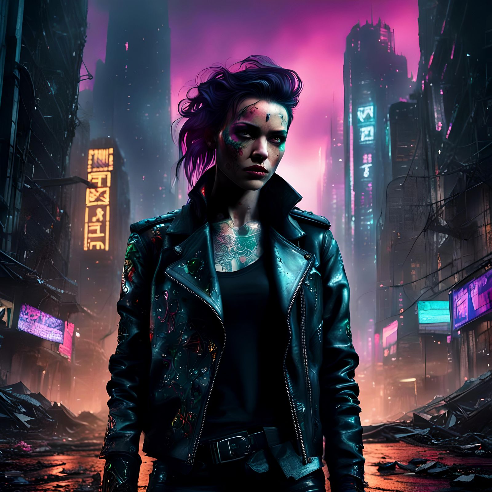 Cyberpunk Woman in Apocalyptic City, Hyperrealistic