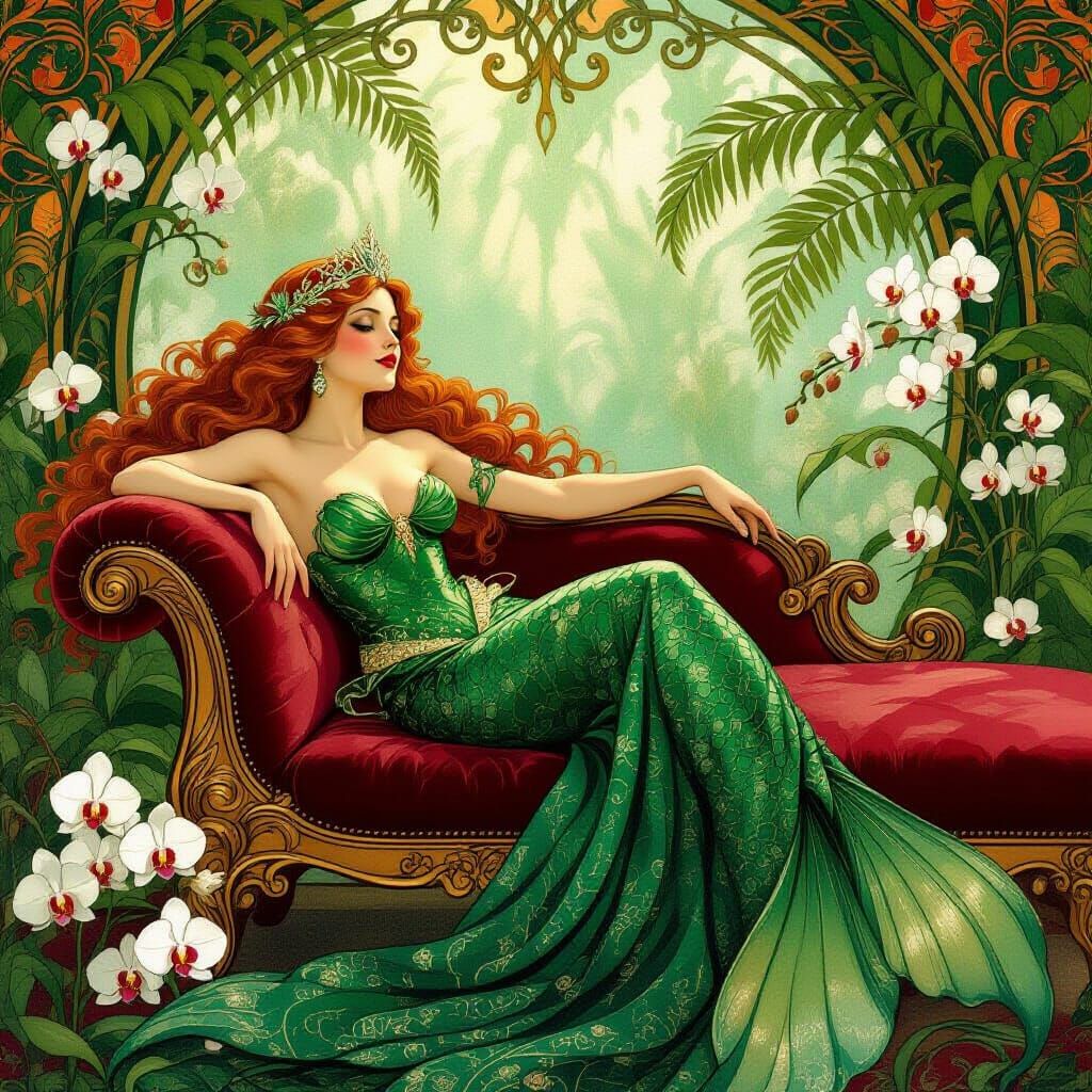 Art Nouveau Mermaid Reclining on Chaise Lounge