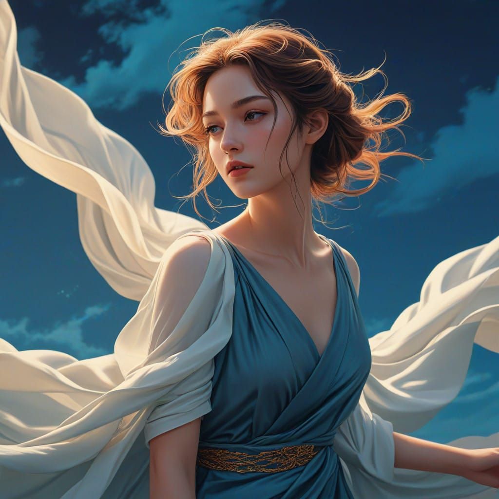 Surreal, Mysterious Woman in Dreamy, Gradient-Blue Backgroun...