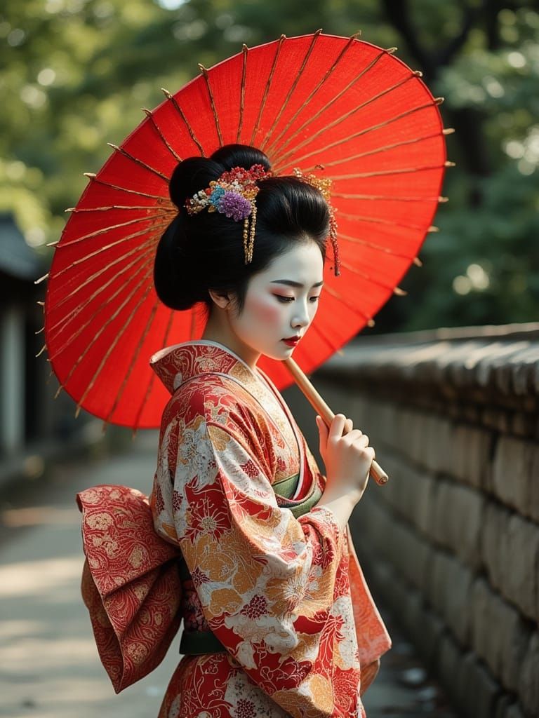 Maiko Portrait with Red Wagasa Umbrella in Garden