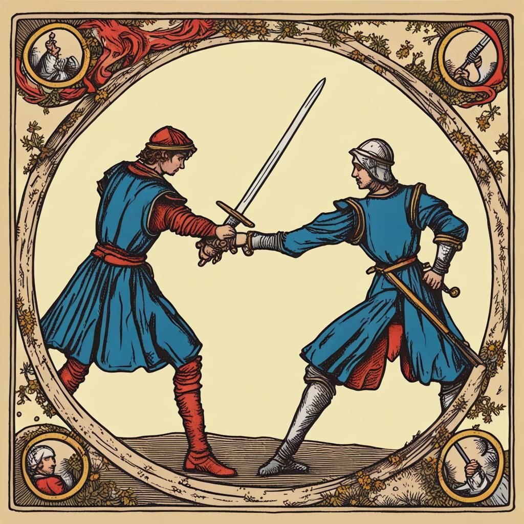 Tarot Card Illustration: Two Men Swordfighting