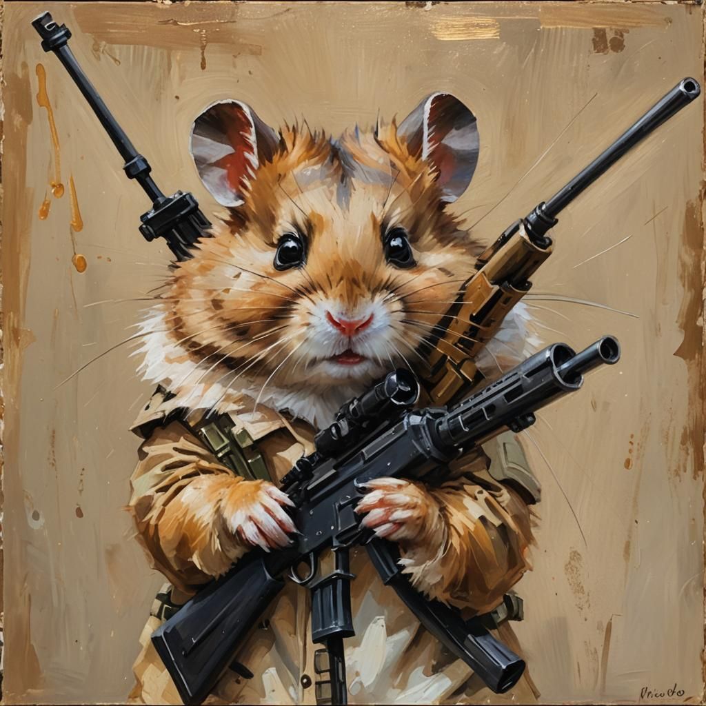 Hamster Macron with Sniper Rifle: Impressionist Oil Painting