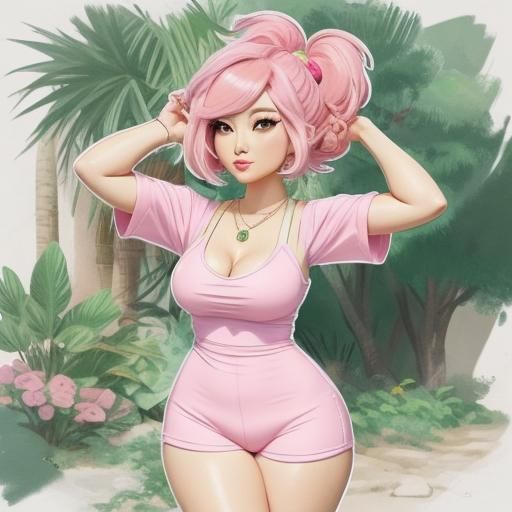Pastel Pink Cartoon Girl Wears Cute Green Necklace