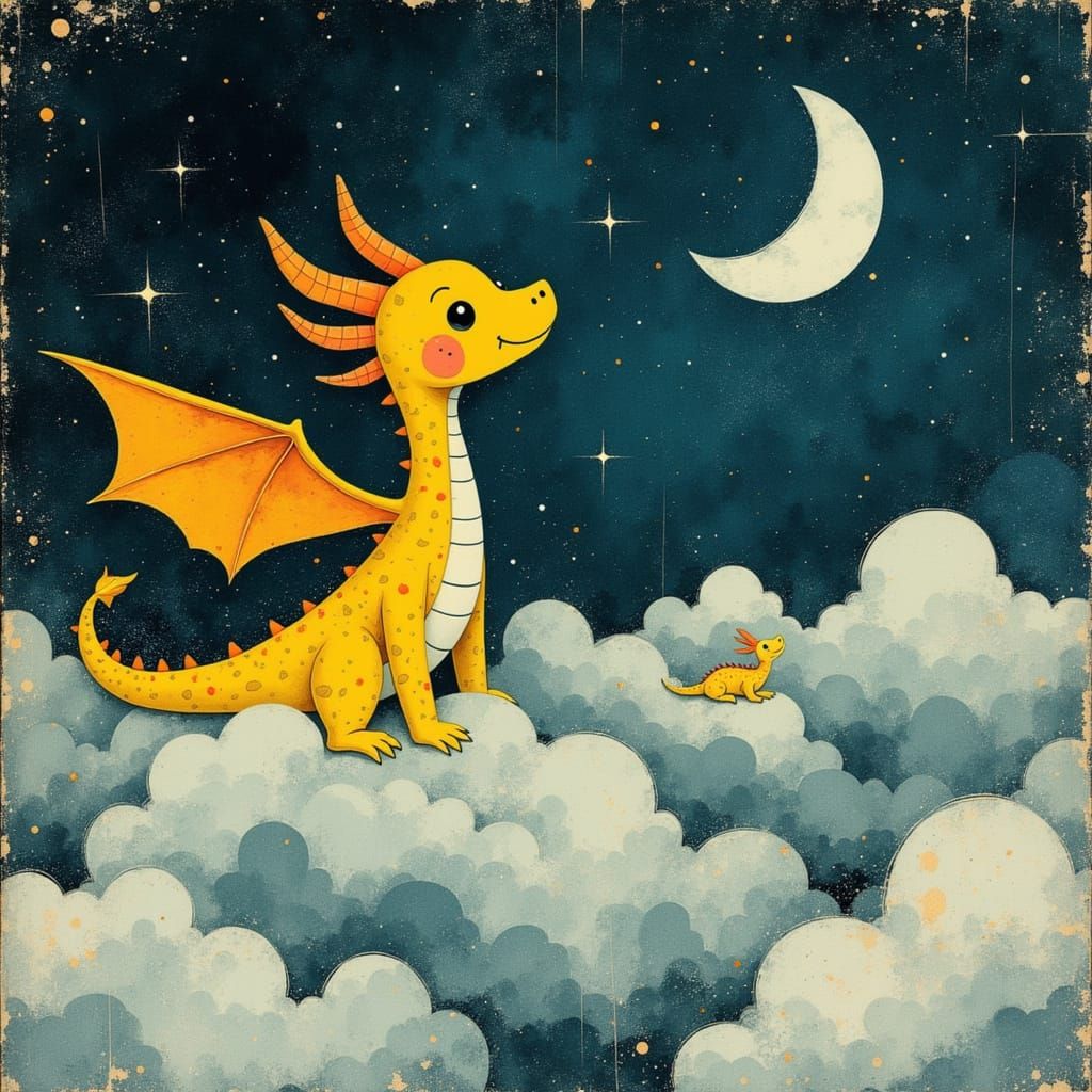 Tiny Dragons Soar Through Night Clouds Under Crescent Moon