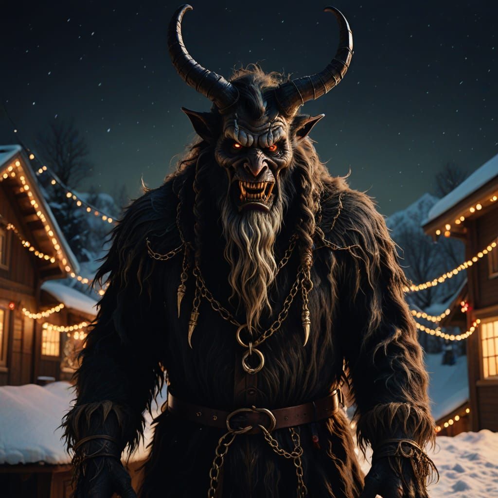 Krampus Towers Over a Snowy Rooftop in Cinematic Style
