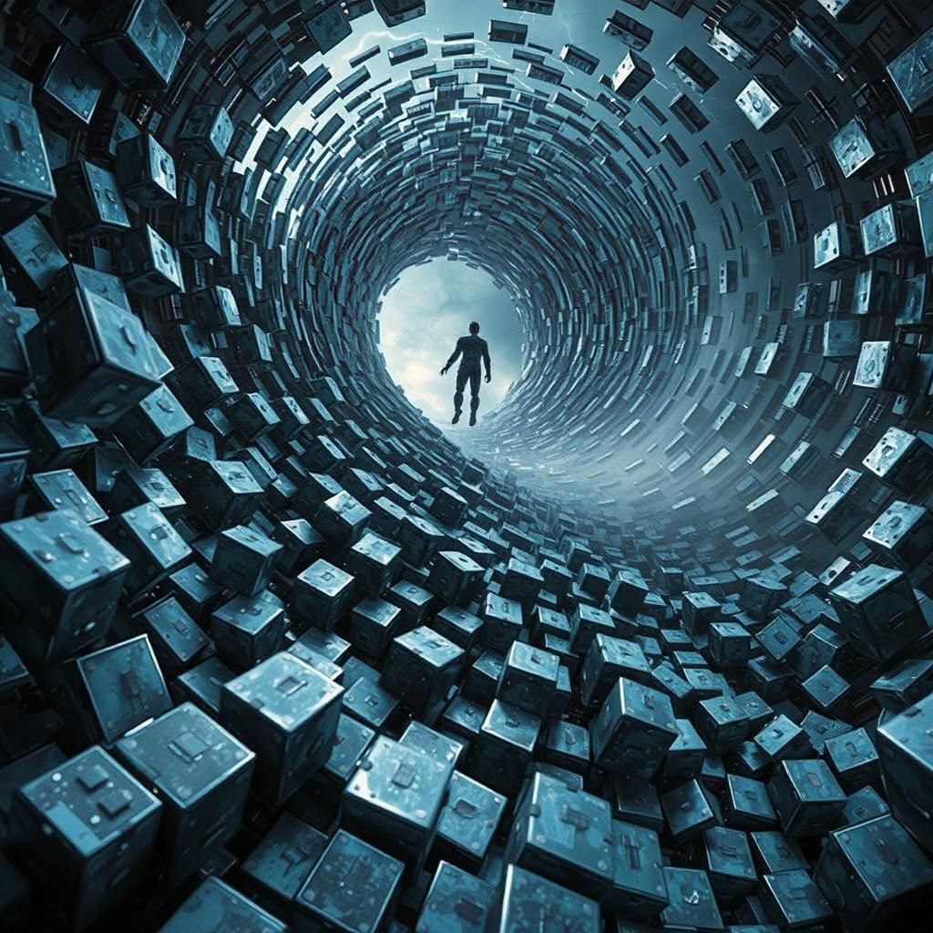 Humanoid Figure Levitating in Cyberpunk Tornado