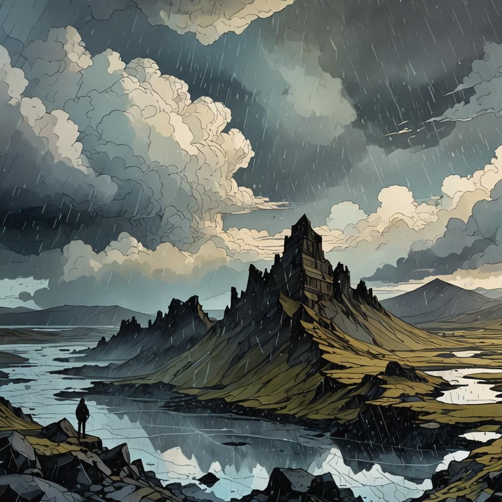 Dramatic Dusk Sky Reflected, Retro Fantasy Illustration