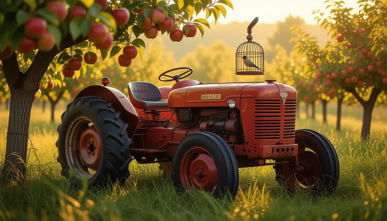 Vintage Tractor in Sunlit Orchard with Birdcage
