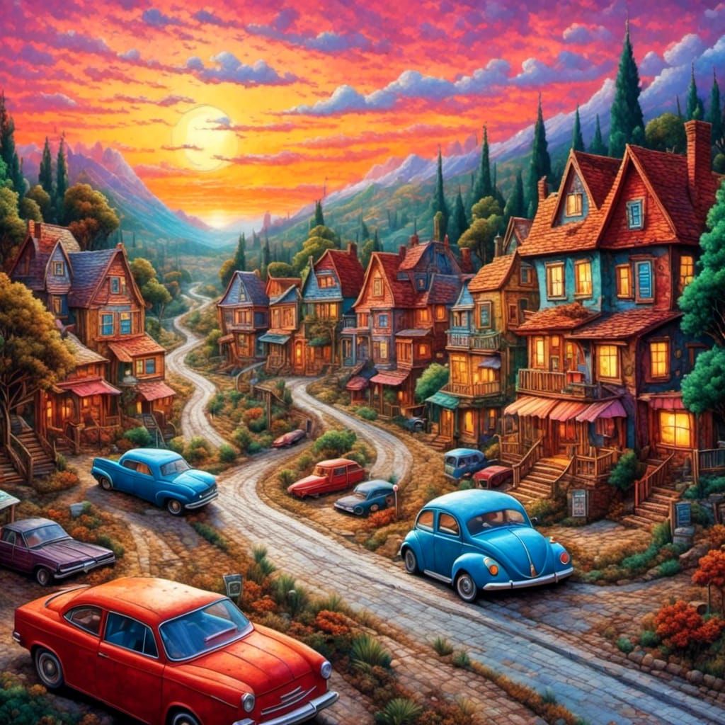 Magical Sunset Landscape in Plaster Art Style