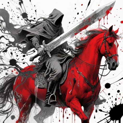 Red Horse Rider with Giant Sword in Abstract Style