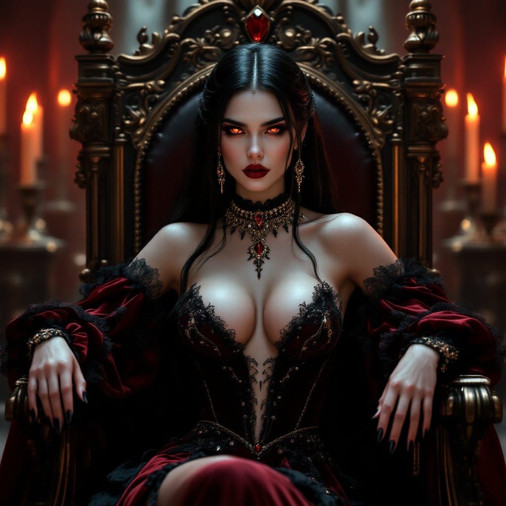 Vampire Empress on Gothic Throne in Crimson Gown