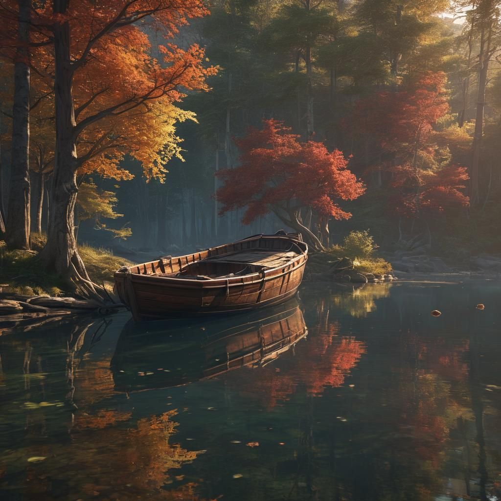 Serene Lake: Wooden Boat in Autumnal Forest