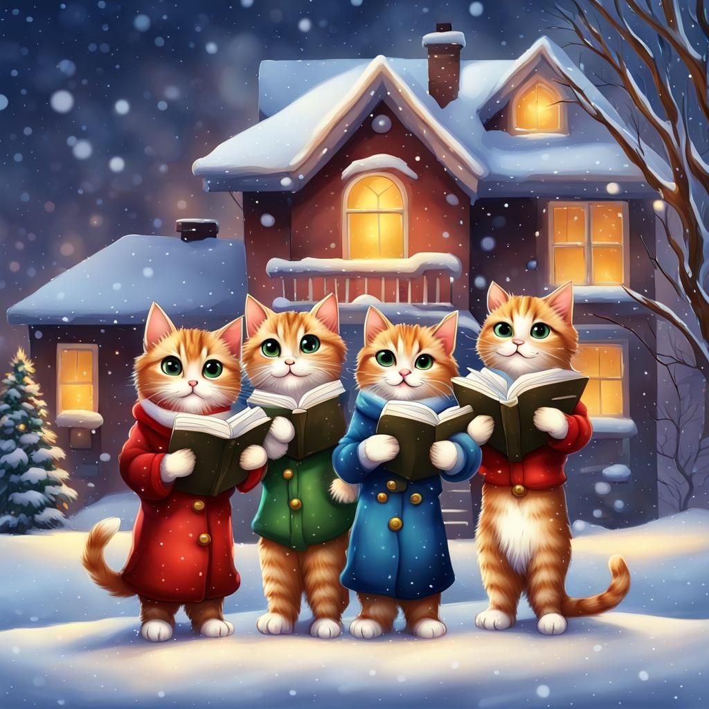 Cute Chibi Cats Sing Christmas Carols in the Snow