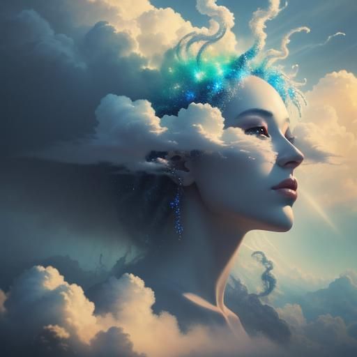 Whimsical Portrait of a Head Amongst Clouds
