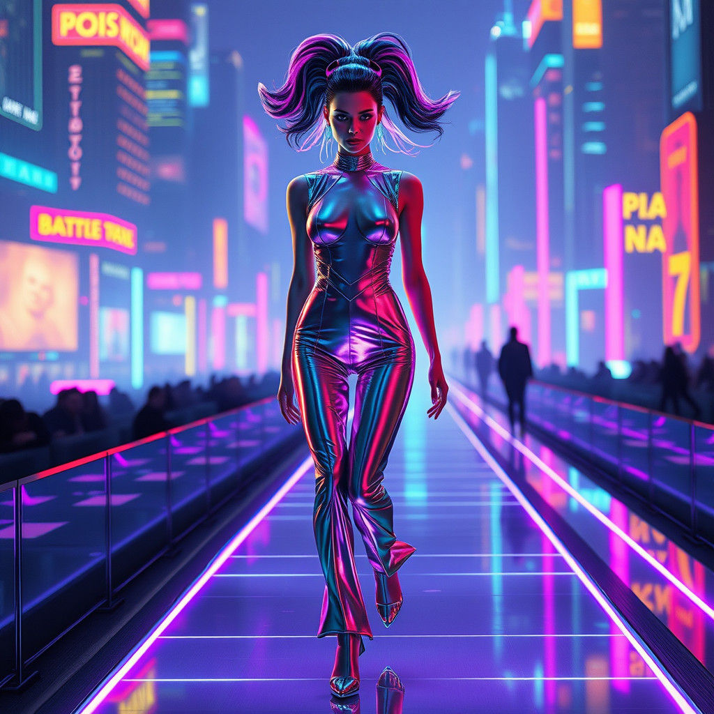 Futuristic Fashion Model on Neon Catwalk in Cyberpunk Style