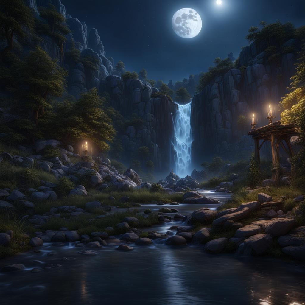 Moonlit Waterfall: Fantasy Concept Art