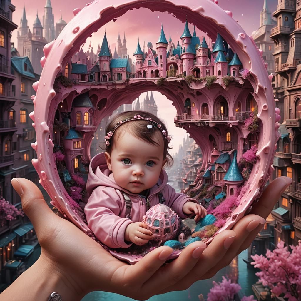 Baby Girl Holding Pink Shell City: Fantasy Concept Art