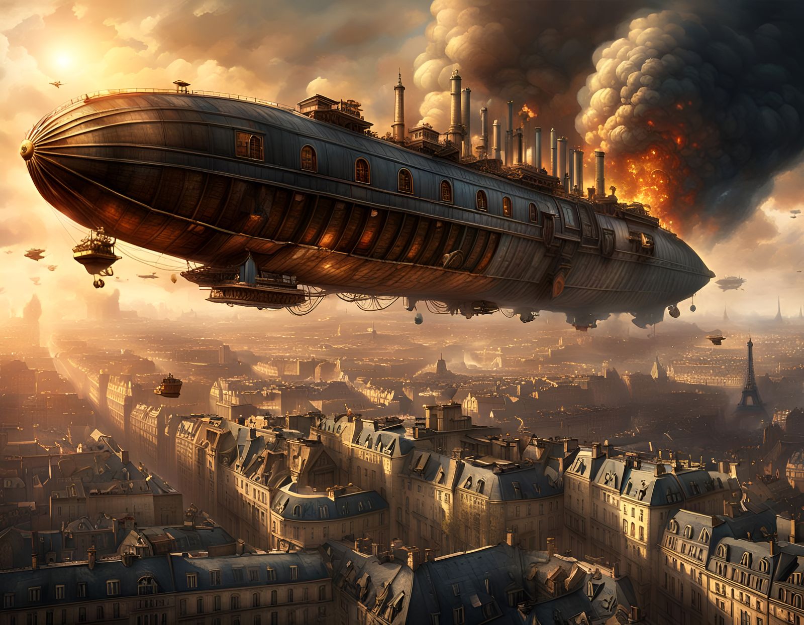 Steampunk Airship Flies Over Burning Paris