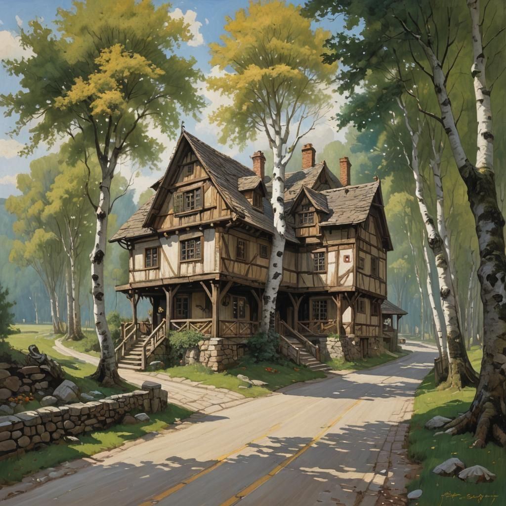 Medieval Inn with Birch Trees: Oil Painting