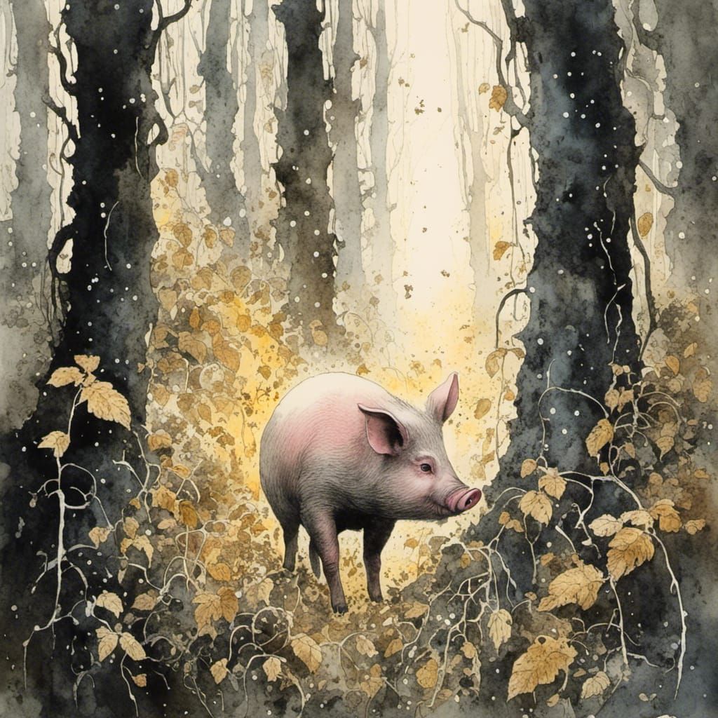 Whimsical Watercolor Truffle Pig in Forest