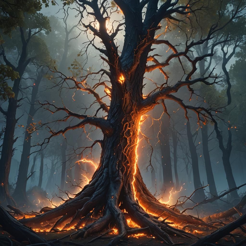 Lightning Strikes Glowing Tree in Misty Forest