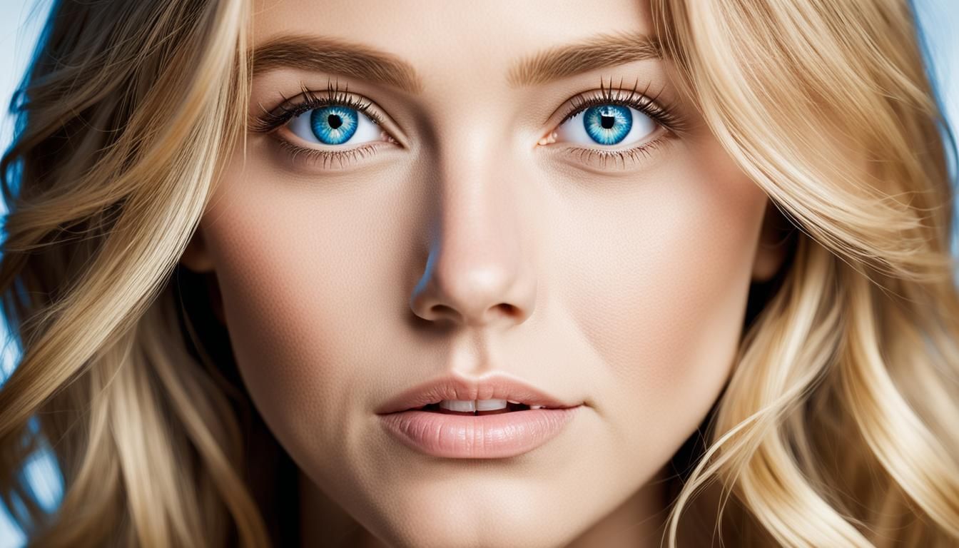 Radiant Woman Portrait with Blue Eyes, DSLR Photography