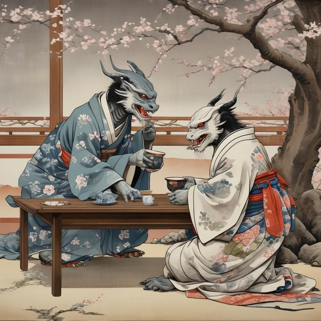 Kaiju Tea Ceremony in Ukiyo-e Style