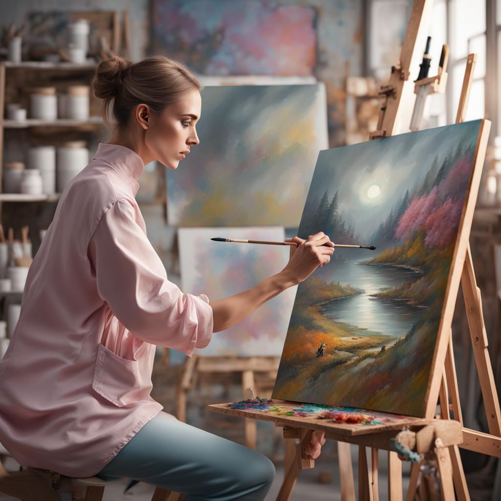 Artist Painting Pastel Art in Studio