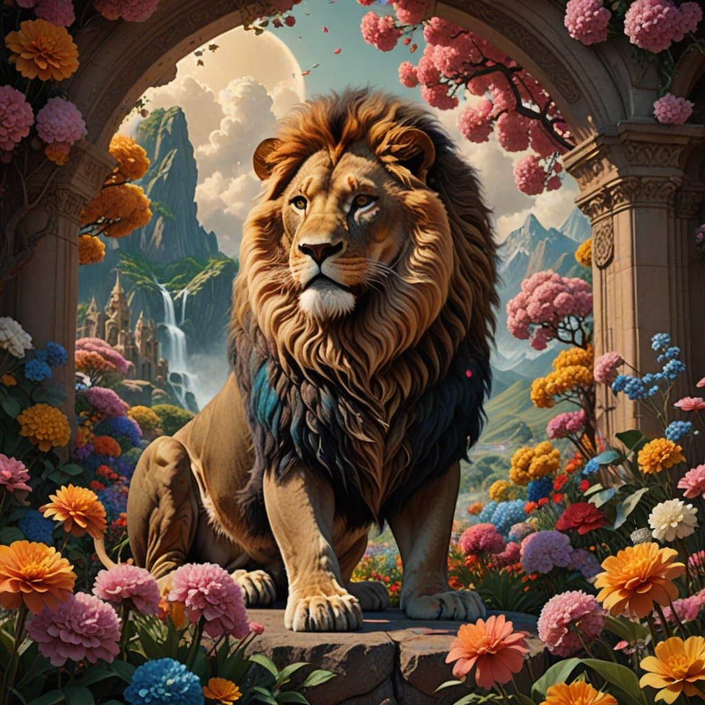 Majestic Lion Amidst Blooming Flowers, Digital Matte Paintin...