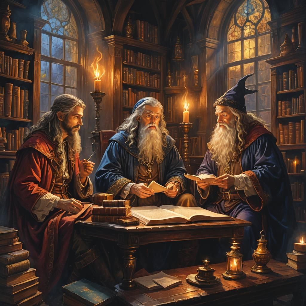 The Wizard and Companions in Ancient Study, Oil Painting