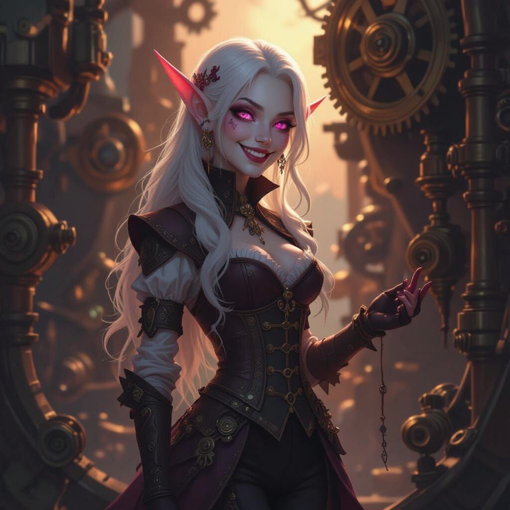 Steampunk Drow Elf with Gears and Engine Backdrop