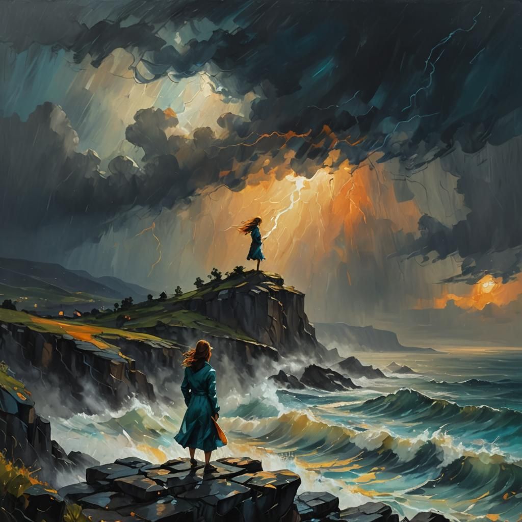 Woman in Wind and Rain: Neo-Impressionist Oil Painting